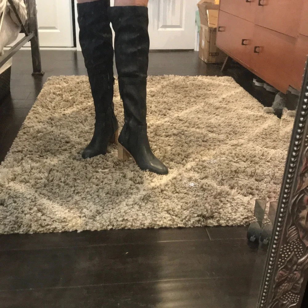 Free People Black Over-the-Knee Leather Block Heel Boots
